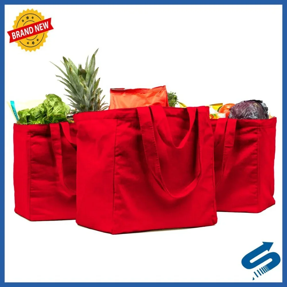 Heavy Duty Canvas Grocery Tote Set with Pockets Foldable Washable XL